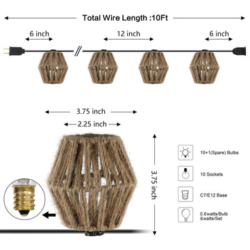 Samara 10-Light Indoor/Outdoor 10 ft. Mid-Century Classic Incandescent C7 Lantern Hemp Rope Shaded String Lights - JONATHAN Y